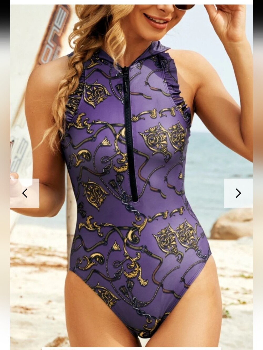 New!Y2K Purple One-Piece Zip Front Hooded Swimsuit Cottagecore Euro Beach Summer